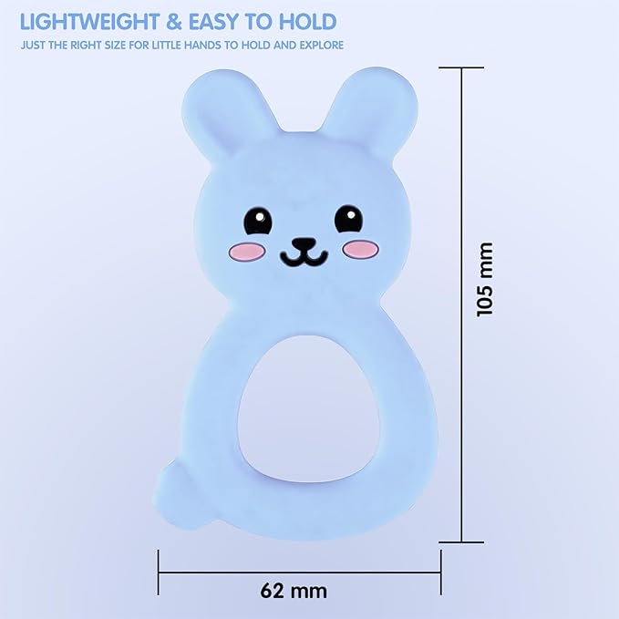 Silicone Bunny Baby Teether Toy for 3-12Months, Easy-Grip Chew Toy with Textured Ears for Sensory Exploration, Food-Grade Silicone, Freezable & Dishwasher Safe (Blue)