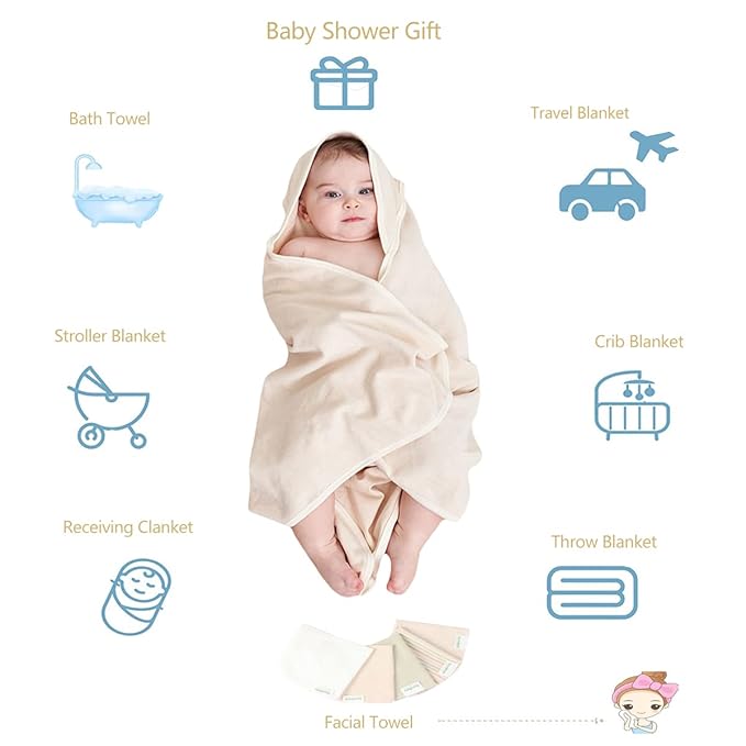 6-Pack Organic Cotton Baby Bath Set - Embroidered Hooded Towel & 5 Soft Washcloths, Ultra Soft Newborn, Toddlers, Registry Gift for Boys & Girls, Brown 37.5 x 37.5 Inches