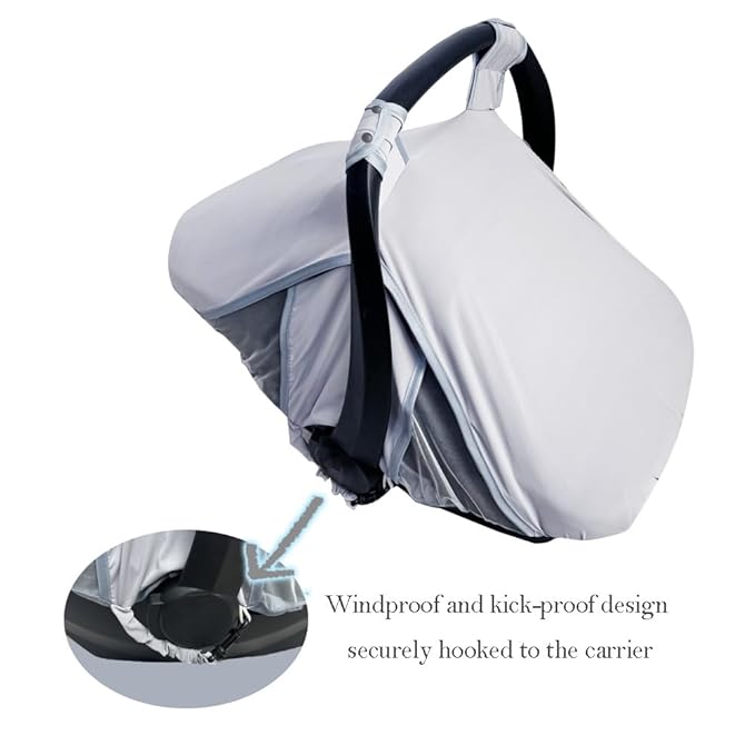 Baby car seat Cover with Mosquito net, 2 in 1 Infant carseat Sun Shade Cover and carseat Mosquito net, Grey