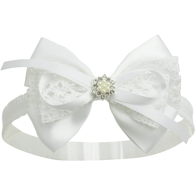Nihao Baby White Cotton Lace and Satin Bow Hairband with Pearl - Baptism, Communion, First Birthdays - Hair Styling - For Baby Girls - 0-6 Month