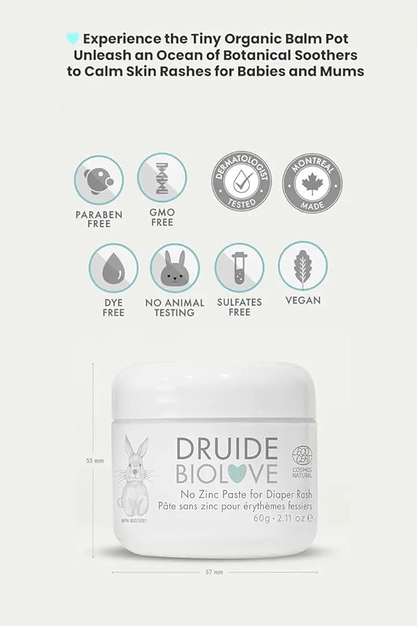 BioLove Diaper Rash Cream, Organic No Zinc Paste For Diaper Rash Treatment Cream, With Shea Butter and Oatmeal, Gentle Baby Care Essentials – 60 g (2.11 oz Bottle Size Chamomile Made in Canada