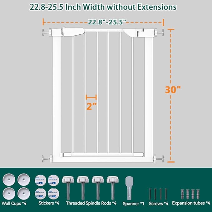 Fairy Baby Narrow Baby Gate for Stair, 22.8"-25.5" Wide Pressure Mounted Pet Gate for Doorway, Easy Walk Thru Child Safety Gate, White