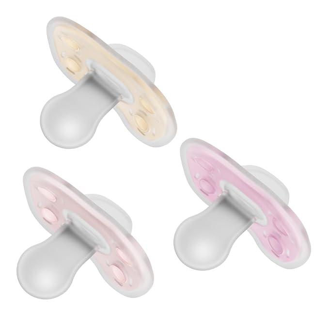 Dr. Brown's Advantage One-Piece Silicone Baby Pacifier, Fully Symmetrical Soother, Ecru/Light Pink/Pink, 0-6m, BPA-Free, 3-Pack