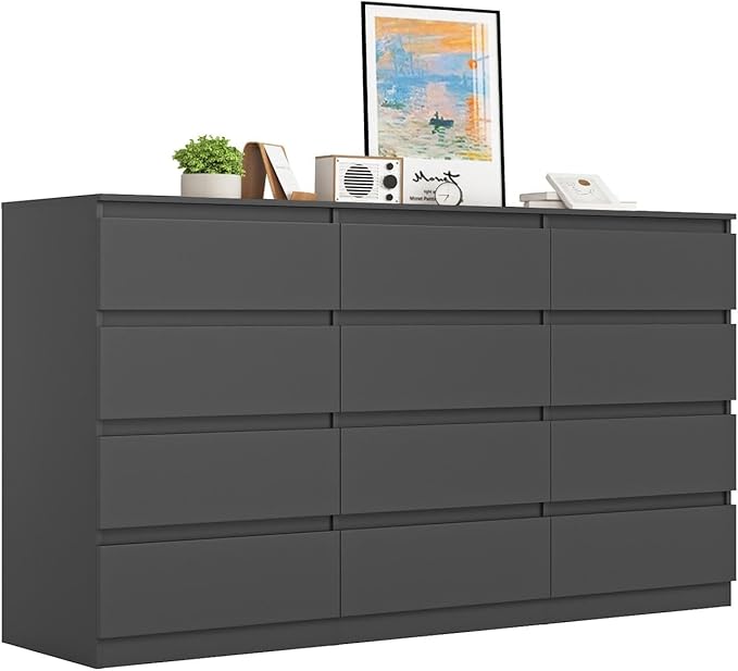 Black 12 Drawer Dresser for Bedroom,Modern Long Deep Drawer Dresser,Wood Storage Chest of Drawer, Storage Organizer Drawers for Bedroom