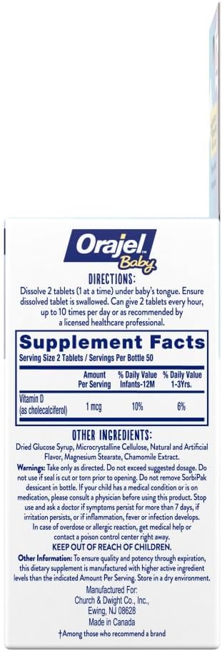 Orajel Baby Cooling Tablets for Teething with Vitamin D, 100 Quick Dissolve Tablets,White