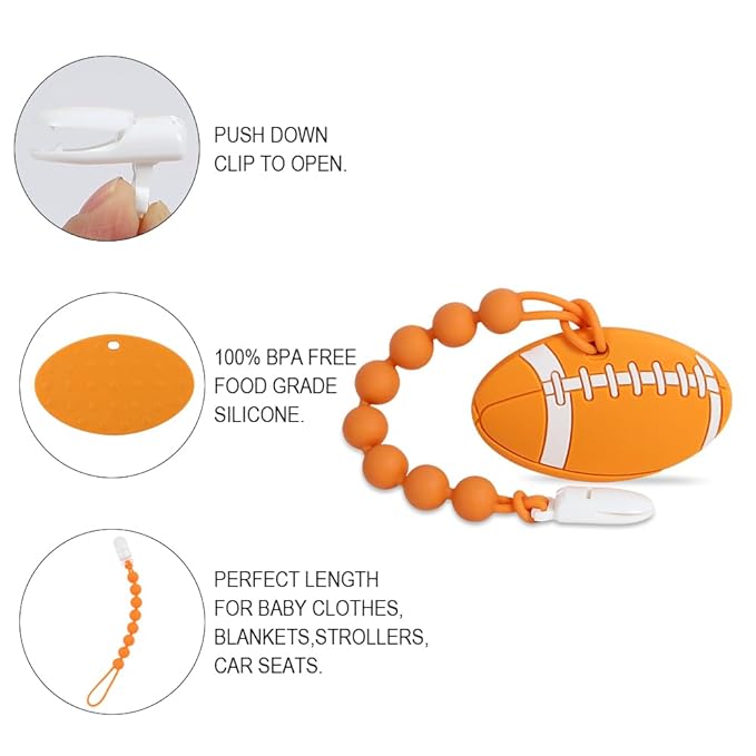Baby Sports Ball Teething Toys,Food Grade Silicone Teether with One-piece Pacifier Clip Holder,Shower Gift,Teething Pain Relief for 3 Months+ Boy and Girl,BPA Free,Freezer Safe. (American Football)