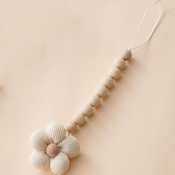 2pcs Flower Pacifier Clip, Silicone Bead Pacifier Clip for Baby Girls and Boys with Beige Brown Color Daisy Birthday Christmas Gift