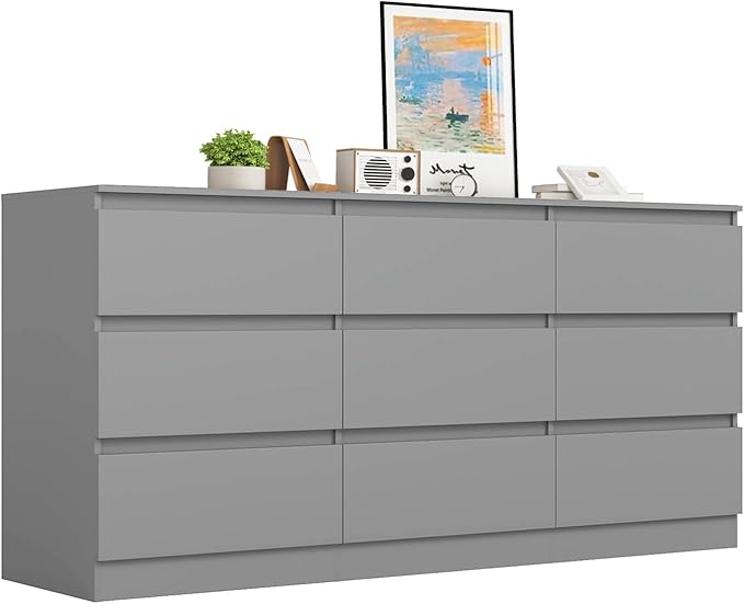 Grey 9 Drawer Dresser for Bedroom,Modern Long Dresser with Deep Drawers,Wide Storage Chest of Drawer,Wood Bedroom Storage Organizer Drawers forBedroom