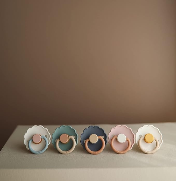 FRIGG Daisy Natural Rubber Baby Pacifier | Made in Denmark | BPA-Free (Cotton Candy/Sandstone, 0-6 Months) 2-Pack
