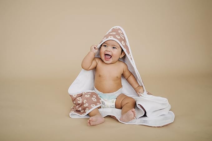 Mebie Baby Hooded Towel, Daisy Dream, 100% Muslin Cotton, Cozy and Breathable Bath Towel for Newborn, Infant & Toddler, Unisex, Floral Pattern, 33.4 x 33.4 inches, 0.79 pounds