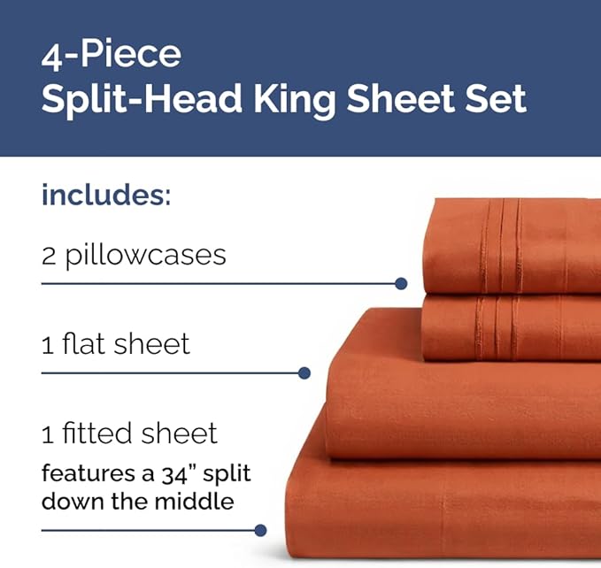 Split Head King Sheet Set – 4 Piece Flex Split Top King Sheets for Adjustable Beds - Fits 14” to 16" Mattress w/ Deep Pockets - Soft, Breathable & Cooling - Luxury Bedding & Wrinkle Free - Terracotta