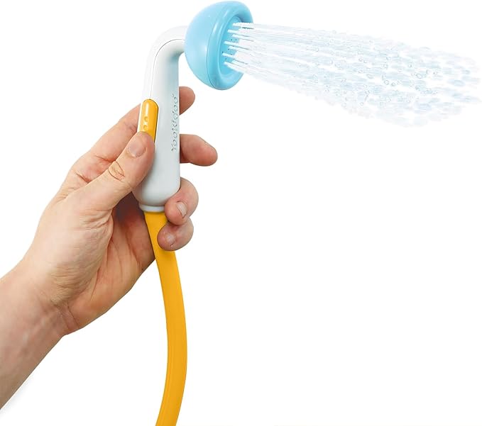 Yookidoo Baby Bath Shower Head – Elephant Water Pump with Trunk Spout Sprayer & Rinser, Dual Knob Flow Control, Bath Time Essential for Newborns, Tub or Sink (Blue & Orange)