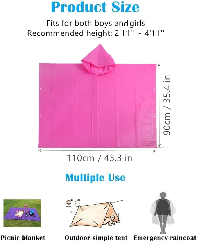 Rain Poncho for Kids (2 Pack), Reusable EVA Children Raincoat Ponchos Rain Jacket with Hood for 6-14 Girls Boys