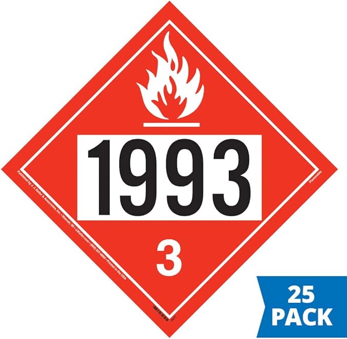 1993 Placard, Class 3 Flammable Liquid 25-pk. - 10.75" x 10.75" Removable Self Adhesive Vinyl for Temporary Applications, DOT Hazmat Compliant, J. J. Keller & Associates, Inc.