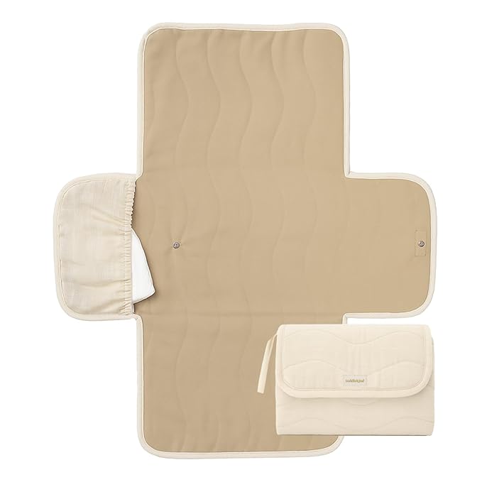 Toddlekind Mini Maven Portable Changing Pad – Organic Cotton & Water-Resistant Polyester – Travel-Friendly, Foldable Change Mat – Tofu Beige Stripes with Wave Stitching – Chic, Durable, Easy to Clean