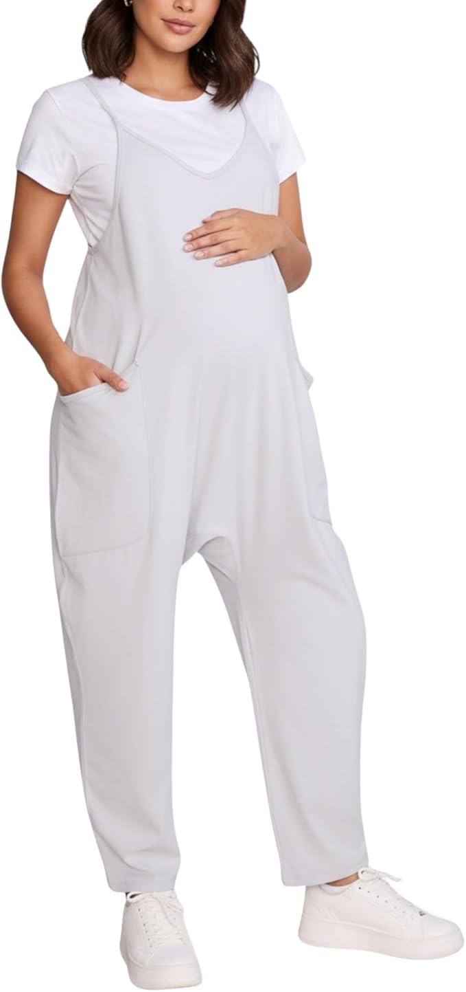 Motherhood Maternity womens Casual Baggy Sleeveless V-neck Pregnancy Romper Jumpsuit With Loose Spaghetti Straps and Pockets
