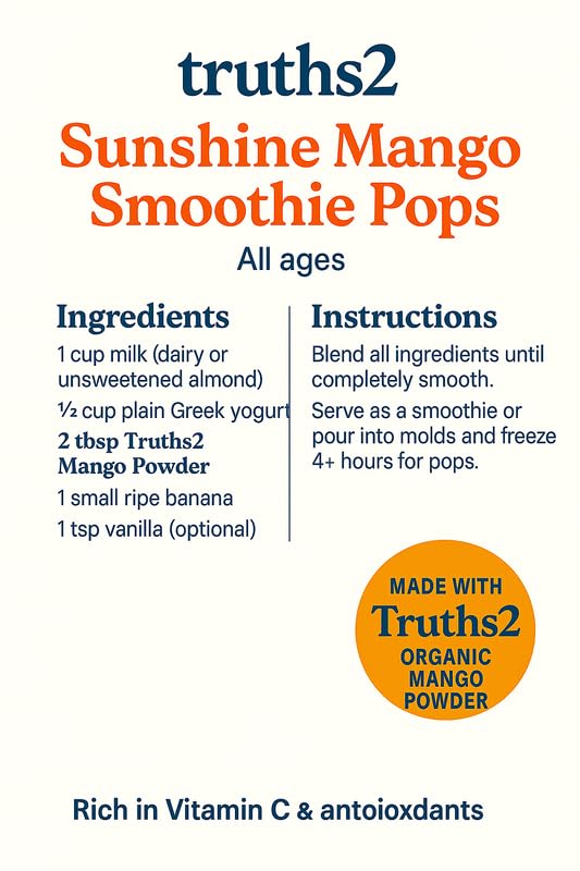 Truths2 Organic Freeze-Dried Mango Food Powder, Stage 1 Baby Puree Mix for Infants & Toddlers, Organic Fruit Powder for Family Meals & First Solid Food