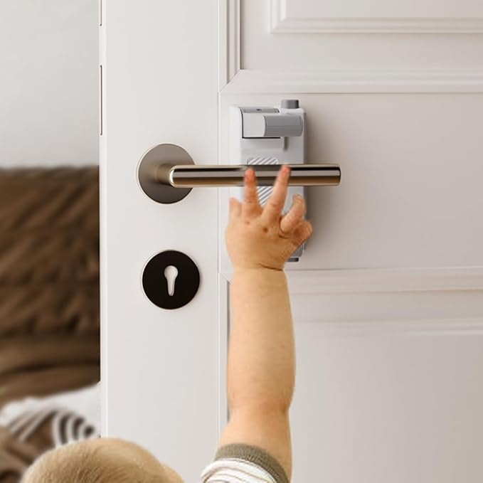 YEYA Upgrade Child Safety Door Handle Lock, White Universal Fit Lever Locks with Stong 3M Adhesive Backing, 2-Pack Toddler Proof Safety Locks for Indoor Doors, Dual-Button Security & Easy Installation
