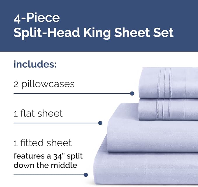 Split Head King Sheet Set – 4 Piece Flex Split Top King Sheets for Adjustable Beds - Fits 14” to 16" Mattress w/ Deep Pockets - Soft, Breathable & Cooling - Luxury Bedding and Wrinkle Free - Lavender