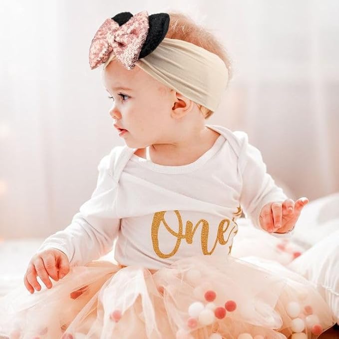 3PCS Baby Girl Mouse Ears Headbands with Sequin Bow, 4.5inches Wide Nylon Turban Hairband, Theme Park Headwear, Hair Bow Headband for Toddler, Kids, Party Supplies