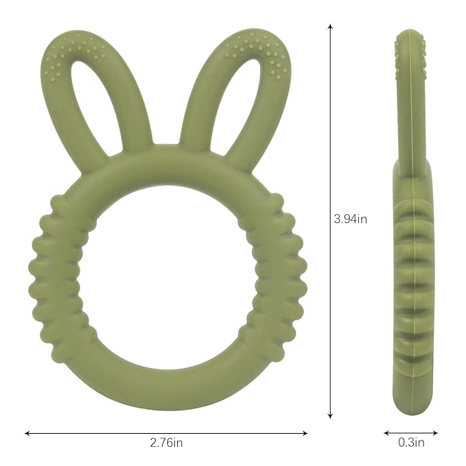 Silicone Babies Teethers Baby Teething Toys for Soothe Massage Sore Gums for 3-12 Months Infants, BPA Free, Easter Gifts for Boys and Girls, Ring Shape Rabbit Ear Design (Army Green)