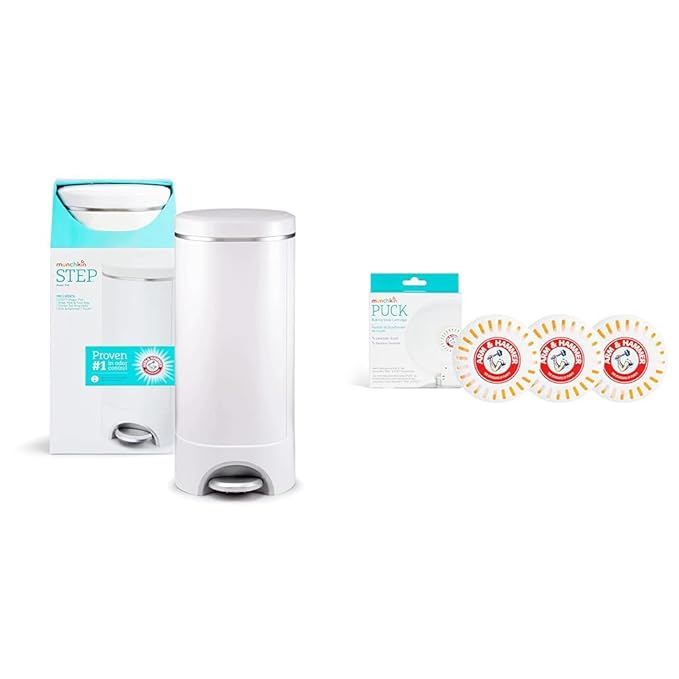 Munchkin® Step™ Diaper Pail Powered by Arm & Hammer, #1 in Odor Control, Award-Winning, Includes 1 Snap, Seal & Toss™ Bag, 1 Starter Refill Ring, and 4 Puck™ Baking Soda Cartridges