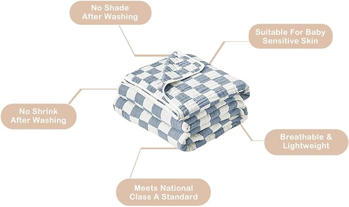 Ultra Soft Checkered Muslin Hooded Baby Towels for Newborn Boys and Girls 2 Pack 32x32 inch Cotton Muslin Baby Bath Towels for Newborns Toddlers,Newborn Essential (Blue and Coffee)