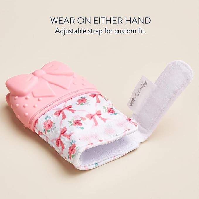 Itzy Ritzy Silicone Teething Mitt - Soothing Infant Teething Mitten with Adjustable Strap, Crinkle Sound & Textured Silicone to Soothe Sore & Swollen Gums - for Ages 3 Months & Up (Bow)