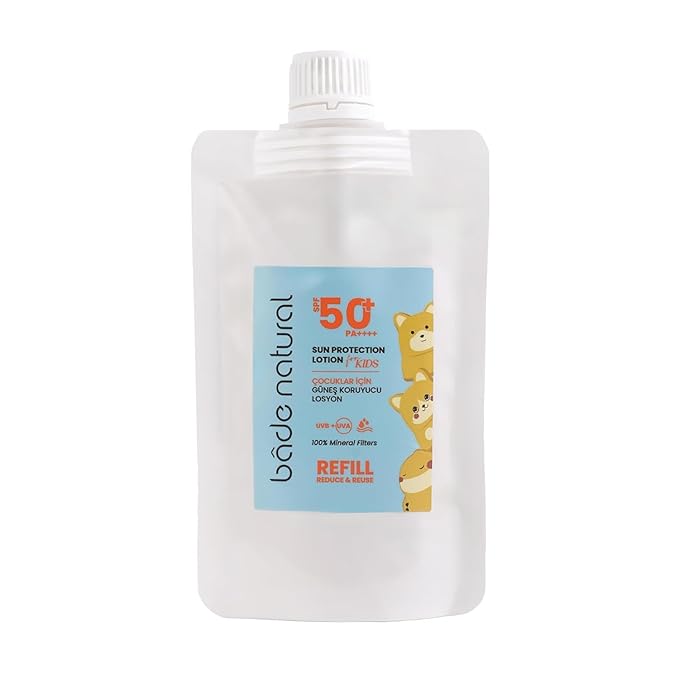 Bade Natural SPF 50+ Kids Sunscreen Refill Lotion – 100% Natural Mineral-Based Broad Spectrum Sun Protection with Zinc Oxide & Botanical Oils – Refillable Eco-Friendly Pack, 3.7 fl oz