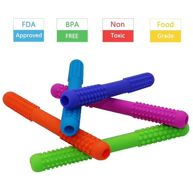 Hollow Teething Tubes Toys for Babies Girls Boys, 6 Pack Silicone Baby Teether Toy Tube for Infants with Nursing Biting Chewing, Chew Straws for Toddlers 6-12 Months (Style A)