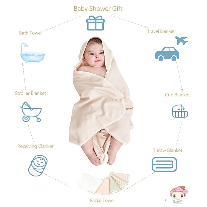 6 Pack Organic Cotton Baby Bath Set, Ultra Soft Embroidered Hooded Towel and 5 Washcloths, Premium Gentle Newborn, Toddlers Gift for Sensitive Skin, Brown 30 x 30 Inch