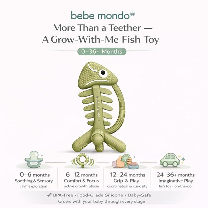 3 in 1 Infant Toys, Baby Teething Toys 3–6 6–12 Months, Teethers for Babies 0–3–6–12 Months for Teething Relief, Baby Gift, Baby Teether Toys, Silicone Sensory Toys, USA Patent Pending, Fish (Olive)