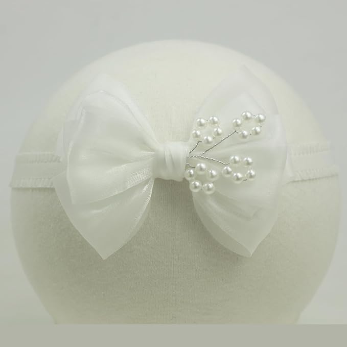 Fairy Multi-layer Pearlescent Organza White Bow Headband for Baby Girl Baptism Christening White Bow Headpiece (0-6 months,Off White headband-5)