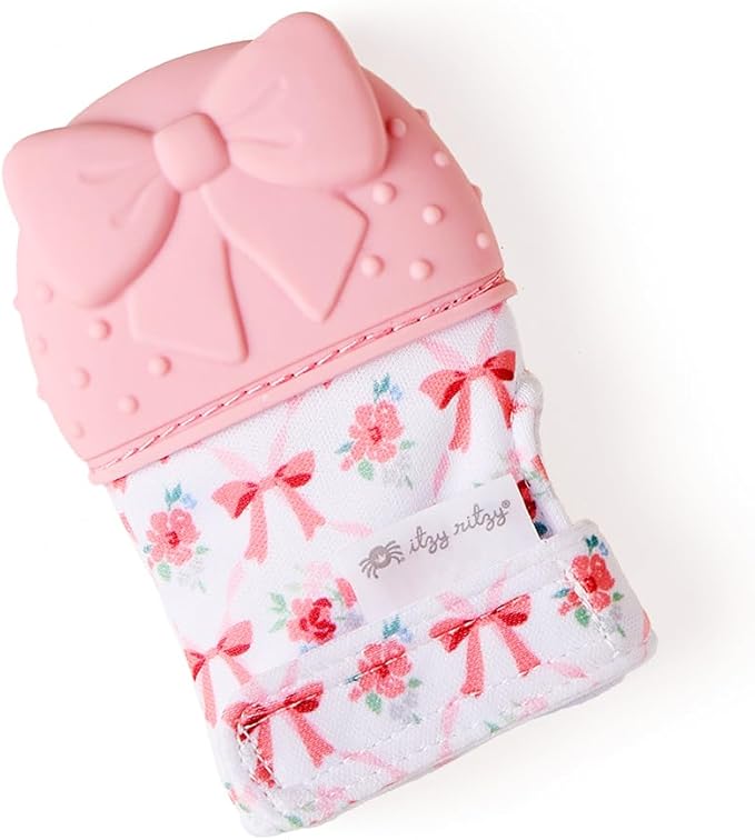 Itzy Ritzy Silicone Teething Mitt - Soothing Infant Teething Mitten with Adjustable Strap, Crinkle Sound & Textured Silicone to Soothe Sore & Swollen Gums - for Ages 3 Months & Up (Bow)