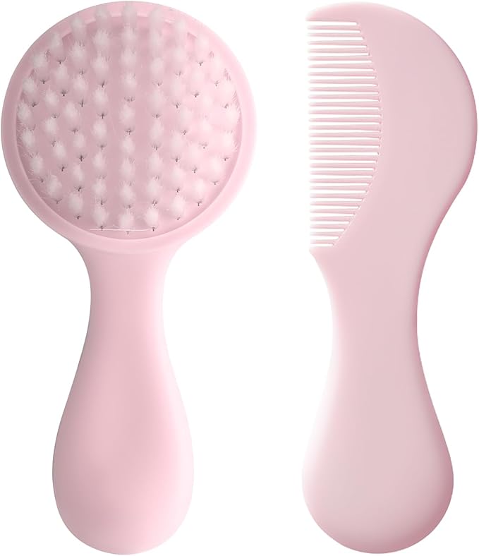 Baby Hair Comb Set Soft Baby Hair Brush Baby Comb Hair Comb Set Newborn Baby Hair Brush and Comb Set Baby Care Hair Brush for Girls and Boys,Ideal Present for Baby Pink