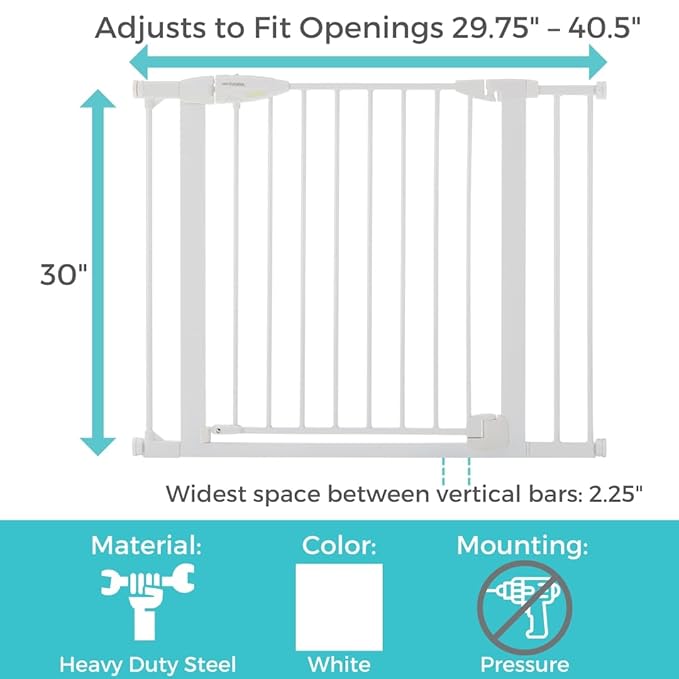 Toddleroo by North States - Bright Choice Auto Close Baby Gate: Pressure Mounted Baby Gate for Doorways with Glow in the Dark Handle - Adjustable 29.75 to 40.5 Inches Wide - 30 Inches Tall - White