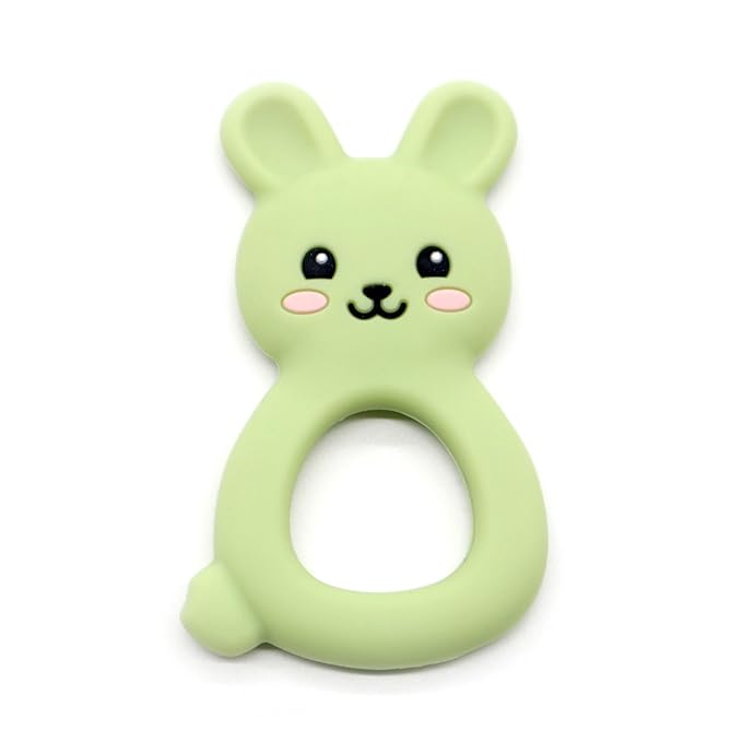 Baby Bunny Teether, Food-Grade Silicone Toy for Infants 3–12 Months, Easy-Grip Chew Toy with Textured Ears for Sensory Exploration, Freezable & Dishwasher Safe (Olive Green)