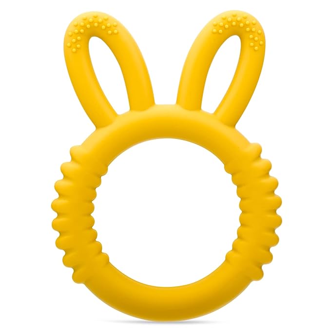 Silicone Babies Teethers Baby Teething Toys for Soothe Massage Sore Gums for 3-12 Months Infants, BPA Free, Easter Gifts for Boys and Girls, Ring Shape Rabbit Ear Design (Yellow)