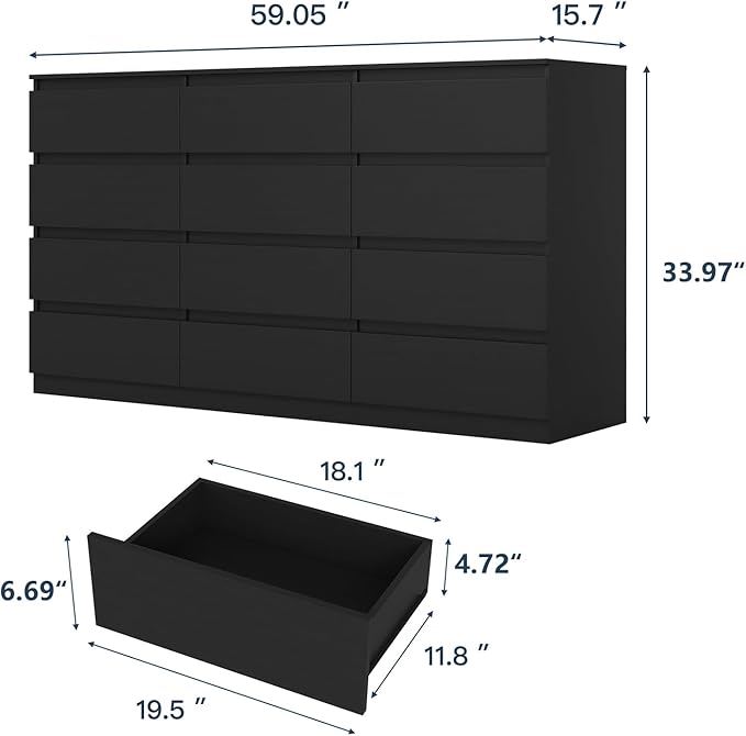 Black 12 Drawer Dresser for Bedroom,Modern Long Deep Drawer Dresser,Wood Storage Chest of Drawer, Storage Organizer Drawers for Bedroom