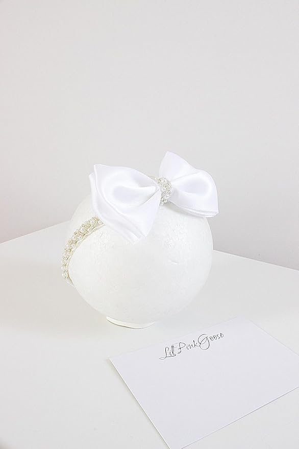 0-12 Newborn Baby Baptism Pearl Headband or Clip with Bow in WHITE Christening Headband with Satin Bow, Pearl Rhinestone Band (Light Pink(6-12Months), 1 Count (Pack of 1))