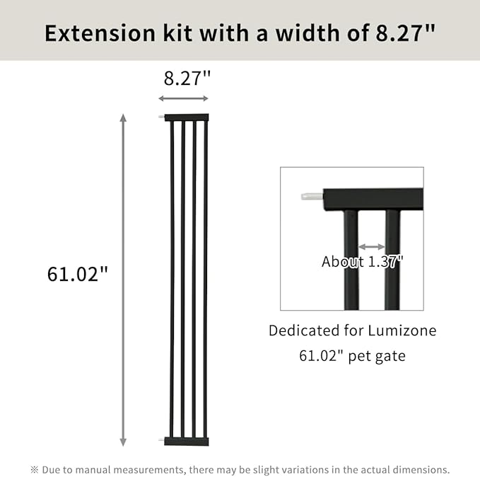 Lumizone Extra Tall Cat Gate Extension Kit 61.02" High Pressure Mounted 2025 New 8.27" Extra Wide 1.37" Gap No Drilling Tall Pet Gate for Dogs (Black, 61.02" H x 8.27" W, Extension)