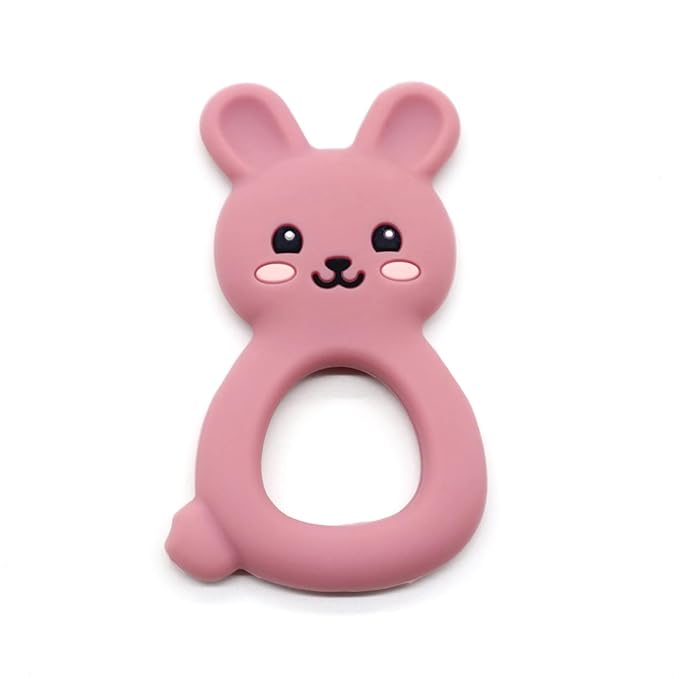 Baby Bunny Teether, Food-Grade Silicone Toy for Infants 3–12 Months, Easy-Grip Chew Toy with Textured Ears for Sensory Exploration, Freezable & Dishwasher Safe (Dark Red)