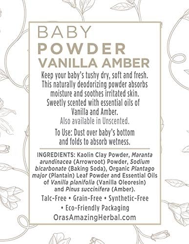 Baby Powder Talc-Free, Real Vanilla Amber Natural Scent, Cornstarch Free Arrowroot and Clay Based Powder, Synthetic Fragrance Free, Ora's Amazing Herbal, 2.5 oz 3 Pack
