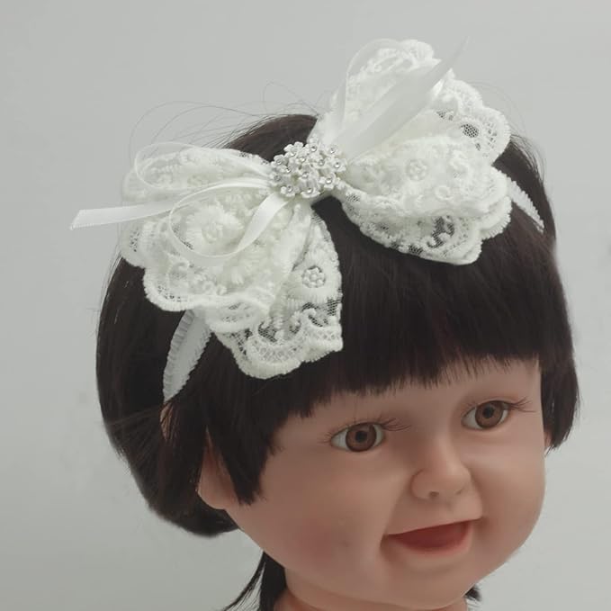 White Baby Bow Headband for Baptism Christening Satin Lace Hair Band with Cross for Toddler (Embroidery Lace white bow with pearl-5, 6 months-2 years old)