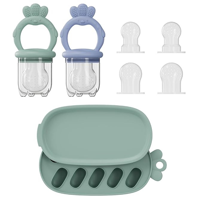2 Pcs Baby Food Fruit Feeder with Freezer Tray Breastmilk Popsicle Molds Silicone Fruit Feeder for Self Feeding Teething Relief (Blue+Green)