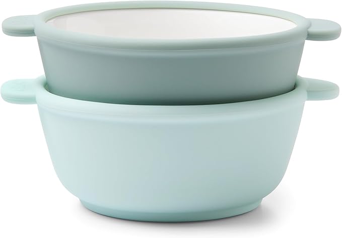 Ello Clean Start Toddler Bowls 2 Pack | Ceramic Kids/Baby Bowls with Silicone Sleeves | BPA-Free, Plastic-Free | Microwave & Dishwasher Safe | High Chair Friendly, Stackable | Dewdrop/Grayed Jade