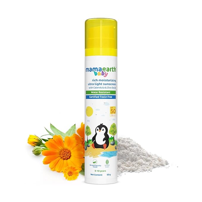 Mamaearth Moisturizing Ultra Light SPF 50 Baby Sunscreen Lotion with PA++++ | Broad Spectrum Protection for 0-10 Years | Water Resistant | with Zinc Oxide | 1.69 Fl Oz/50 ml