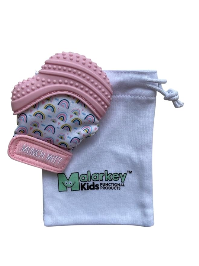Malarkey Kids Patented Teething Mitten, Munch Mitt Baby Chew Toy - Protects Hands from Chewing & Saliva, Heals Aching Gums, Promotes Sound & Visual Stimulation for Babies - Pink Rainbow
