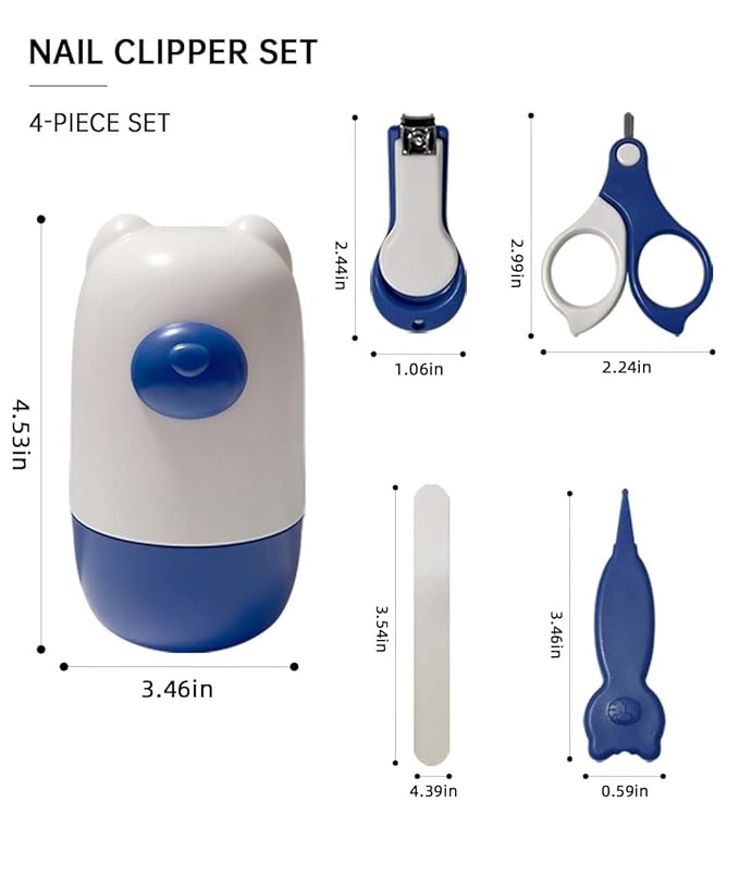 Angel Love 4-in-1 Baby Nail Care Set - Equipped with Safety Nail Clippers, Nail Files, Safety Scissors, and Safety Nose Clips Blue Zjc3