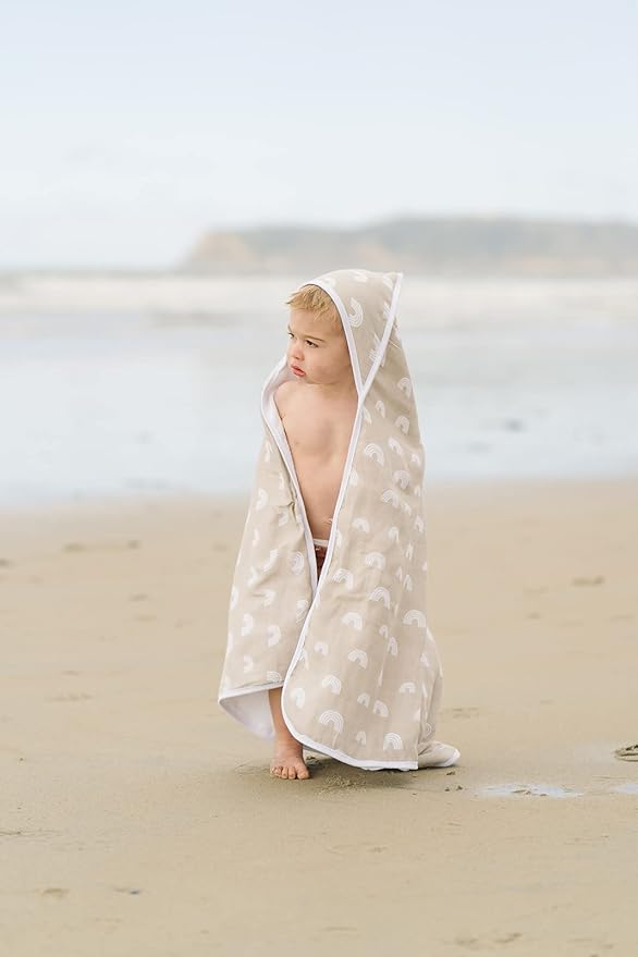 Mebie Baby Muslin Hooded Towel, Sand Rainbow, Cute Hooded Baby Bath Towel for Newborn, Infant & Toddler, Modern Baby Towels and Washcloths for Boy & Girl, Floral & Pattern Hooded Baby Towels